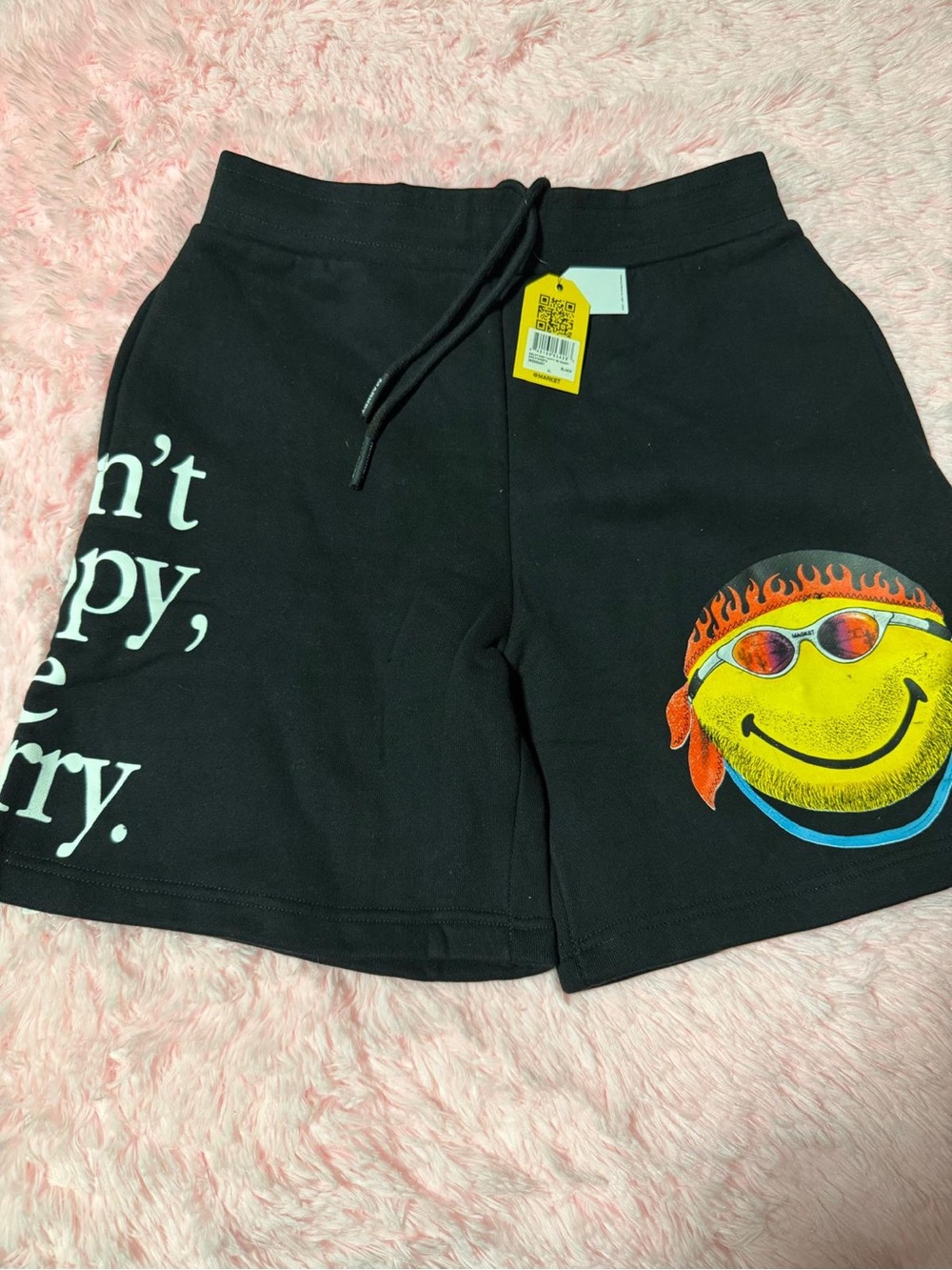 MArket Black Athletic Drawstring Shorts with Yellow Smiley Graphic